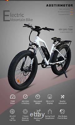 750W Motor Bicycle 48V 13Ah Battery Ebike 26In Fat Tire Electric Mountain Beach