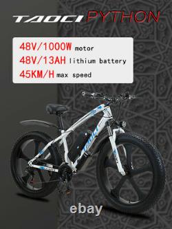 Fat Tyre Electric Bike 26 1000w 48v 13ah Taoci Black Ebike 21 Speed 50km Gamme