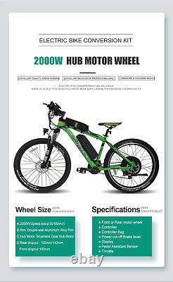 Kit de conversion de moteur de vélo électrique avant/arrière 48V 2000W avec roue P25D de 20 à 29 pouces 700C